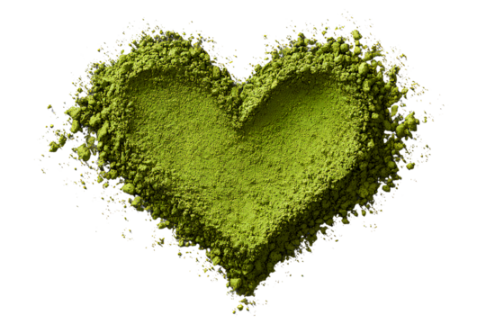   Heart Shape Made of Vibrant Green Matcha Powder, Top-Down View, Isolated on Transparent Background