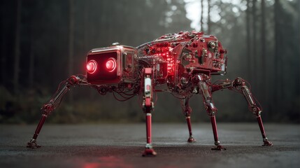 Red robot spider in a forest