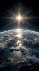 The Sun rising above Earth horizon from space with glowing atmosphere captured in realistic cosmic detail and photorealistic clarity.