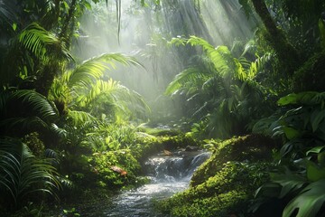 Dense tropical rainforest with towering trees, lush ferns and vibrant foliage, a small stream running through moss-covered rocks, sunlight filtering canopy, mist in air