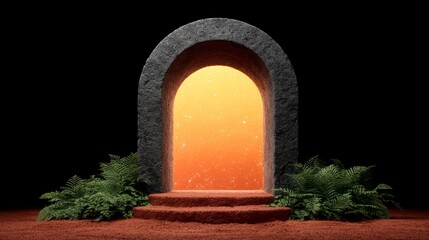 Stone archway with steps and ferns leading to a bright star filled orange sky