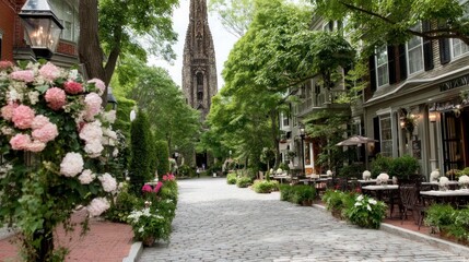 Obraz premium Cobblestone street lined with buildings and flowers leading to a tall church spire