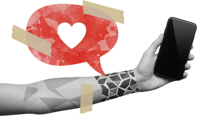 Hand holding smartphone displaying red speech bubble with heart concept communication isolate collage