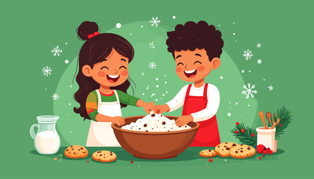 Two happy children baking cookies together during the festive season, surrounded by ingredients and holiday decorations.