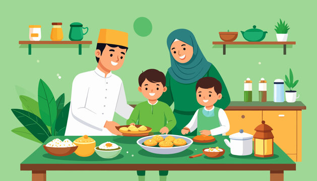 A happy Muslim family, including parents and two young sons, preparing traditional food together in a cozy kitchen setting for a festive occasion.