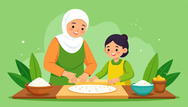 A Muslim mother and her daughter happily making dough together in the kitchen, surrounded by ingredients for baking.