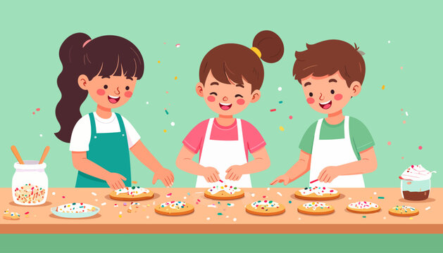 Three happy children decorating cookies with colorful sprinkles on a wooden table, enjoying a fun baking activity together.