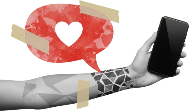 Hand holding smartphone displaying red speech bubble with heart concept communication isolate collage - Powered by Adobe