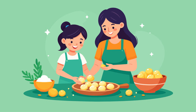 Mother and Daughter Cooking Together in Kitchen Baking Pastry Dough Flat Vector Illustration for Family Lifestyle Concept