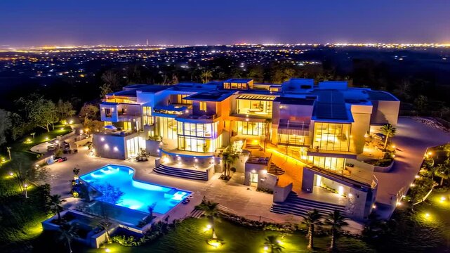 Opulent Modern Mansion Overlooking Cityscape at Night, Luxury Home with Pool