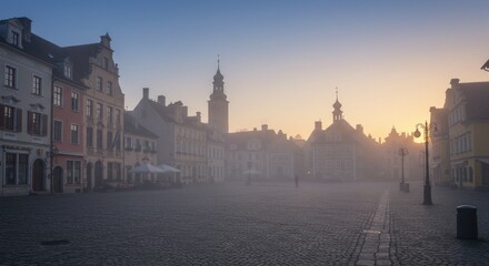 Obraz premium Misty Sunrise over a Historic European Town Square