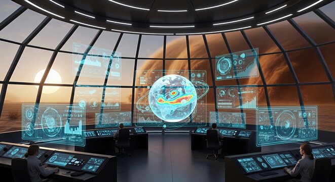 Futuristic Martian Monitoring Station: Scientists Observe a Dust Storm