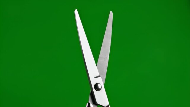 Isolated open scissors closeup on green background tool and equipment