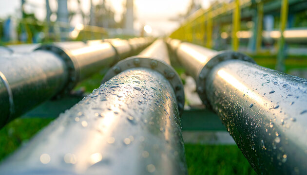 Industrial Pipe Panorama: A close-up view of parallel industrial pipes and tubes stretches into the distance. The pipes gleam in a metallic panorama, reflecting an industrial scene.