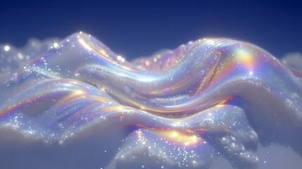 Luminous iridescent waves with glittering sparkles against a deep blue sky