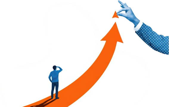 Man looking ahead on orange upward arrow hand placing arrow tip isolate collage art growth success ambition