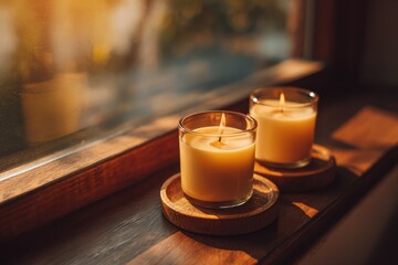 Warm golden light illuminating candles on a wooden window sill with a nature backdrop creating a cozy atmosphere