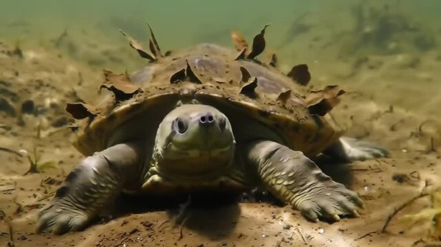 Turtle underwater in muddy environment