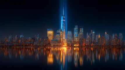 Fototapeta premium Illuminated cityscape at dusk with skyscrapers reflecting in dark water