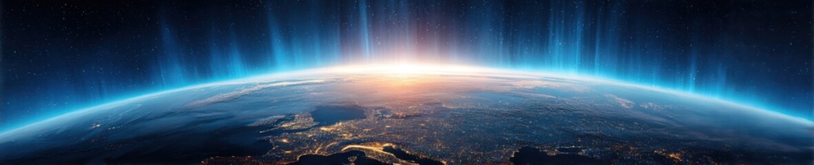 Earth from space illuminated by solar storm with vibrant aurora and glowing atmosphere in stunning photorealistic detail.