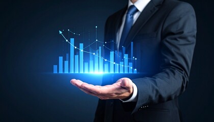 A man in a suit has one hand outstretched against a dark background, with a glowing, rising blue line chart on his hand