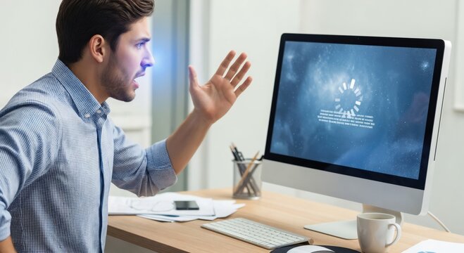 Angry young businessman shouting at a slow loading computer screen in the office. Frustrated male employee experiencing system error and work stress.