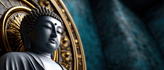 Fototapeta premium A serene Buddha statue with intricate details, set against a vibrant blue background, symbolizing peace and spirituality.