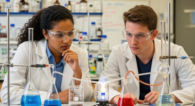 Diverse young male and female scientists collaborating on a chemistry experiment in a modern research laboratory. Students observing a chemical reaction.