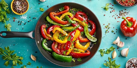 Colorful flat-lay of sautéed bell peppers in a skillet. 