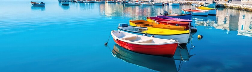 Serene harbor scene with colorful boats docked along calm turquoise water on a bright sunny day with city skyline in background and clear blue sky