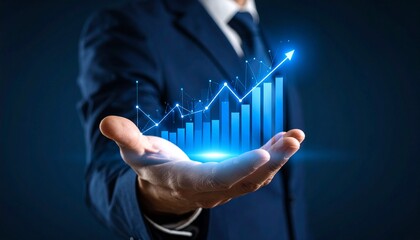 A man in a suit has one hand outstretched against a dark background, with a glowing, rising blue line chart on his hand