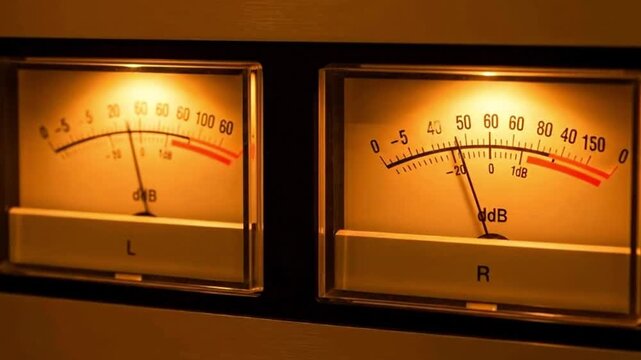 A close-up of a classic analog VU meter with the needle bouncing to the beat of the music, a retro concept for audio and recording studios.