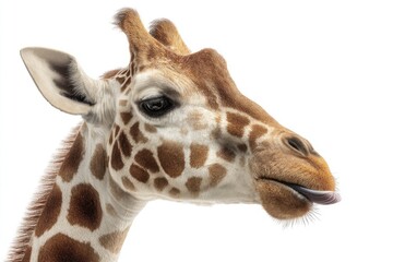 Close-up giraffe head,  profile view,  tongue slightly out