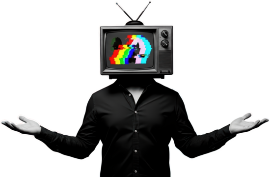 Person With Vintage Television Showing Static And Color Bars Arms Outstretched White Outline Transparent Background Isolate