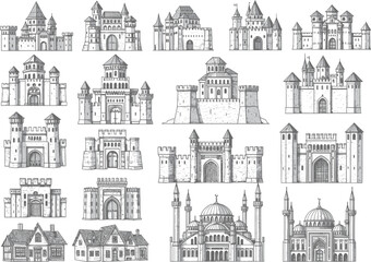 Collection of hand drawn architectural sketches of various european castles and palaces featuring intricate details and classic designs