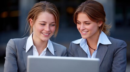 Obraz premium Two young women in business suits smiling while looking at a laptop computer