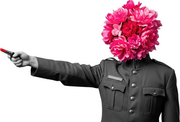 Surreal figure with bouquet for head holds lipstick pointing left isolate collage art Flowers Surrealism