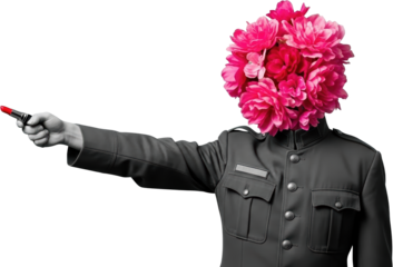 Surreal figure with bouquet for head holds lipstick pointing left isolate collage art Flowers Surrealism