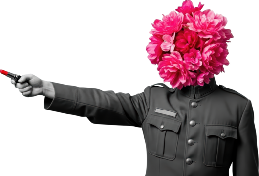 Surreal figure with bouquet for head holds lipstick pointing left isolate collage art Flowers Surrealism