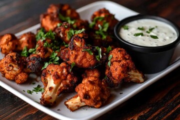 Fototapeta premium Appetizing plate of cauliflower wings with a tangy dressing.
