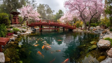 A Japanese Garden with a Koi Pond and Traditional Bridge