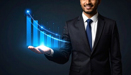 A man in a suit has one hand outstretched against a dark background, with a glowing, rising blue line chart on his hand
