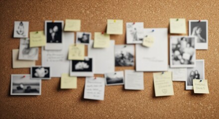A blurred corkboard filled with pinned black and white photographs, sticky notes, and memories, creating a mood or investigation board.