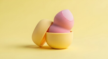 Discover flawless beauty with this essential pink makeup blending sponge nestled in its clean yellow holder, perfect for achieving a smooth complexion and boosting your makeup routine.