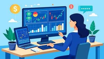 Fototapeta premium A woman analyzing financial data and stock market trends on multiple computer screens at her desk, surrounded by charts and graphs.