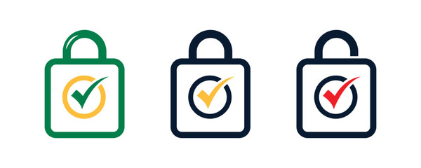 Secure Verification Icons &ndash; Padlock with Check Marks in Green, Yellow, and Red Colors