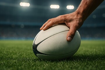 Rugby ball rests on green grass under stadium lights as a hand comes down to hold it still.