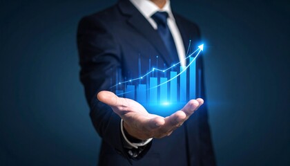 A man in a suit has one hand outstretched against a dark background, with a glowing, rising blue line chart on his hand