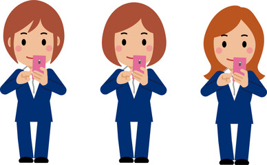 スマホを操作する紺色スーツの若い女性