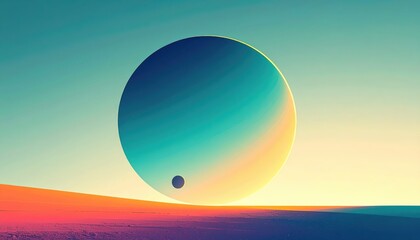 Obraz premium Surreal planetary landscape featu a large colorful planet with a smaller moon or planet against a vibrant sunset sky with gradient hues and atmospheric effects